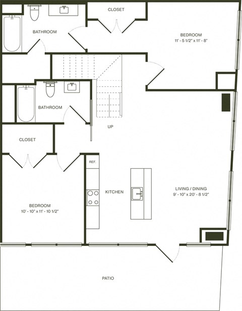 Floor plan for 2 beds, 2 baths, 1386 sqft